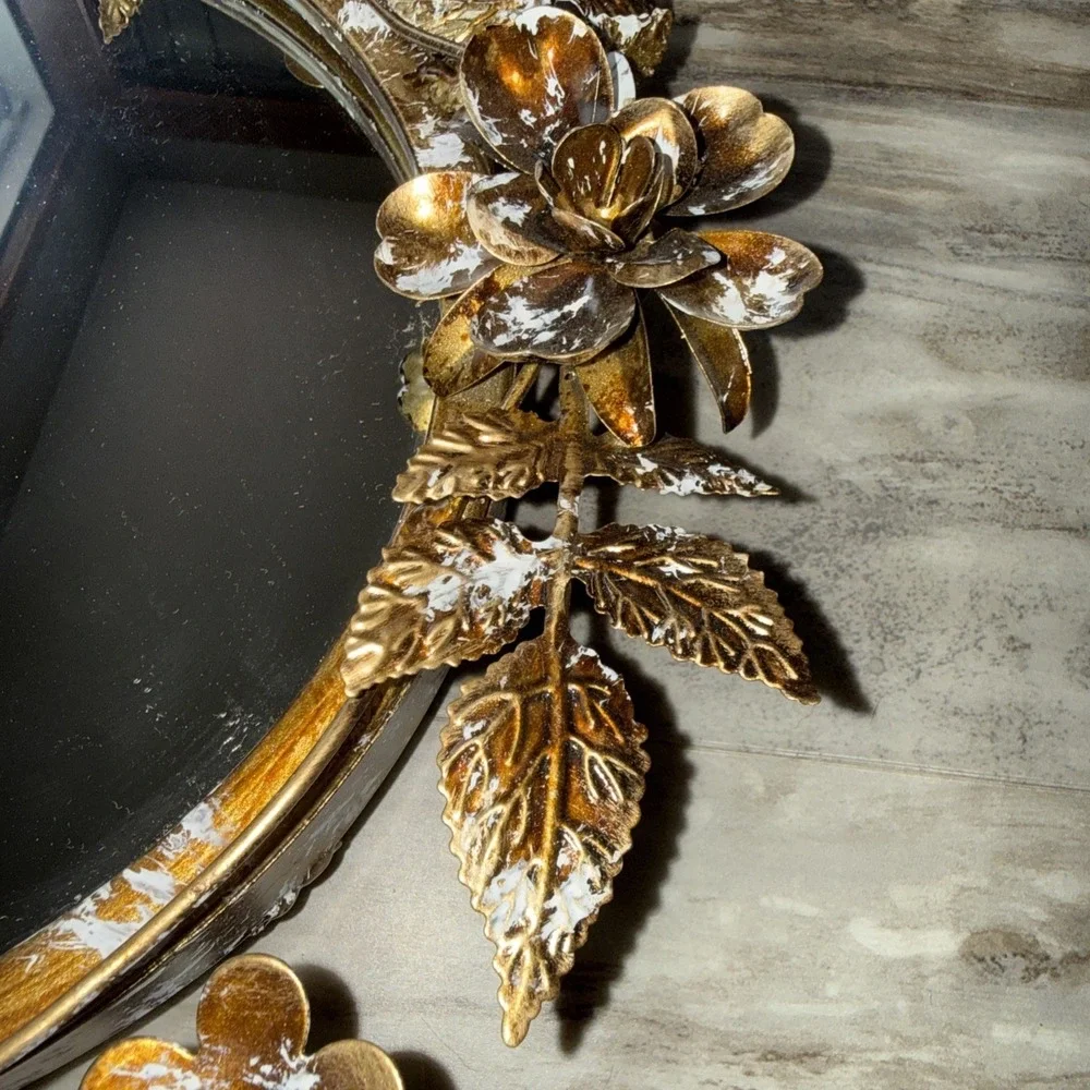 Vintage Ornate Metal Gold Floral Ivy Round Mirror Hanging Table Top Frame 11 In
